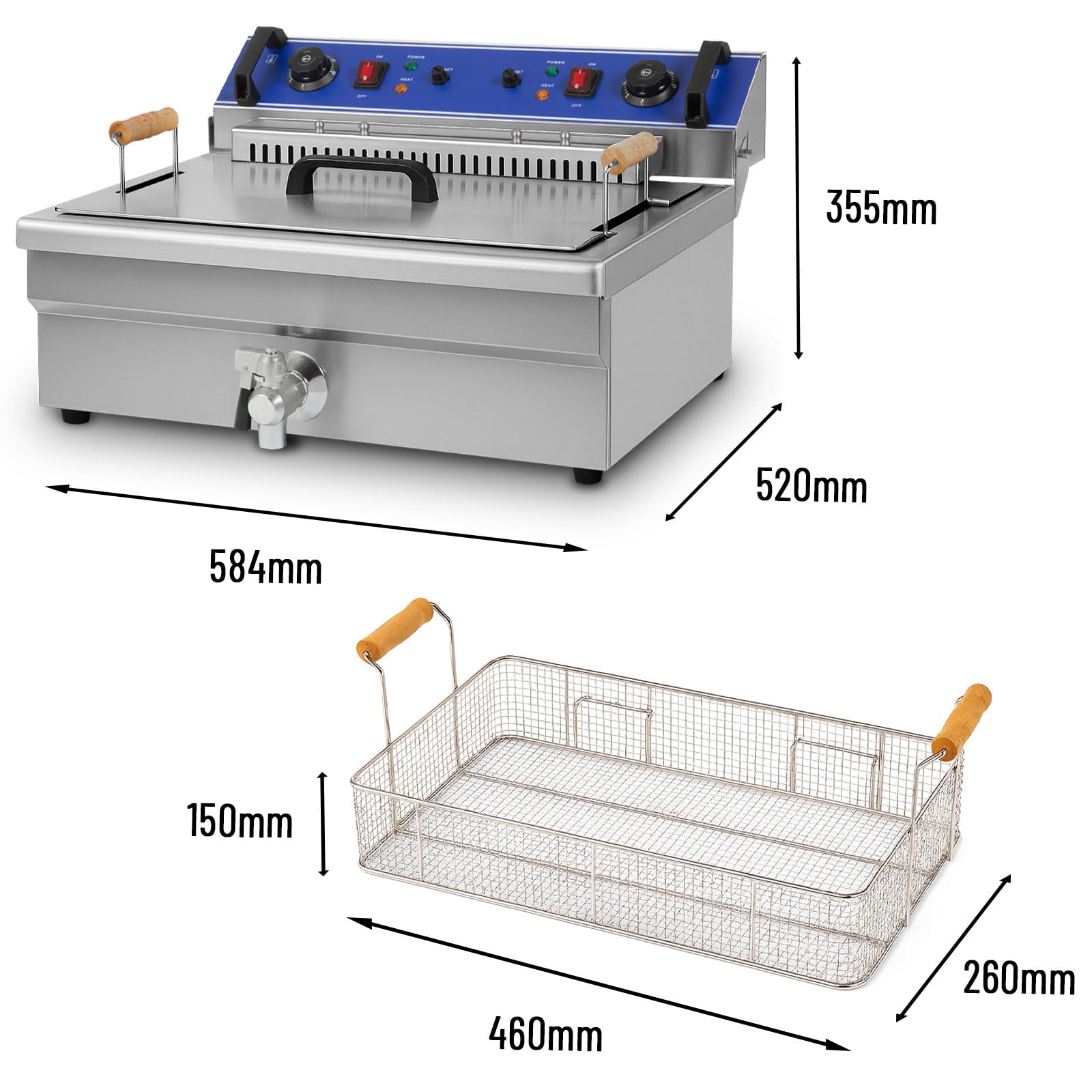 VERTES Freidora Acero Inoxidable 25L, 5000W, 230V, Principio de zona fría, Temperatura ajustable sin escalonamientos 50-250°C, Grifo de vaciado, Cesta de freír, Botón de reinicio
