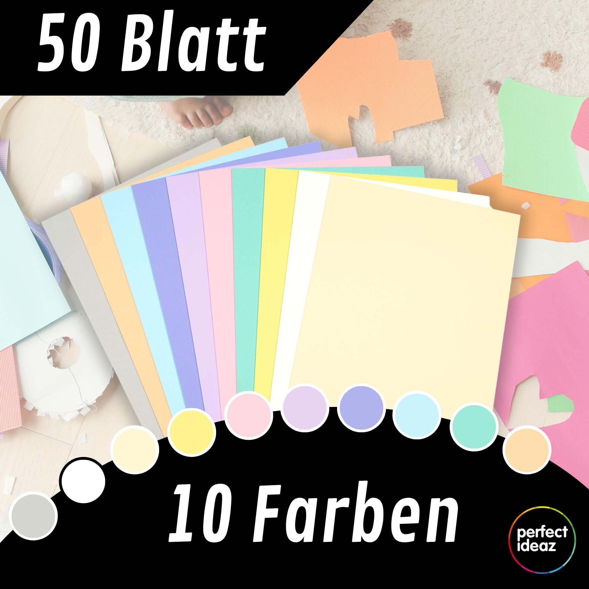 perfect ideaz - 50 Blatt Fotokarton DIN-A2, 10 Farben, stabiler recycling Karton 300 g/m², Made in Germany, Blauer Engel zertifiziert