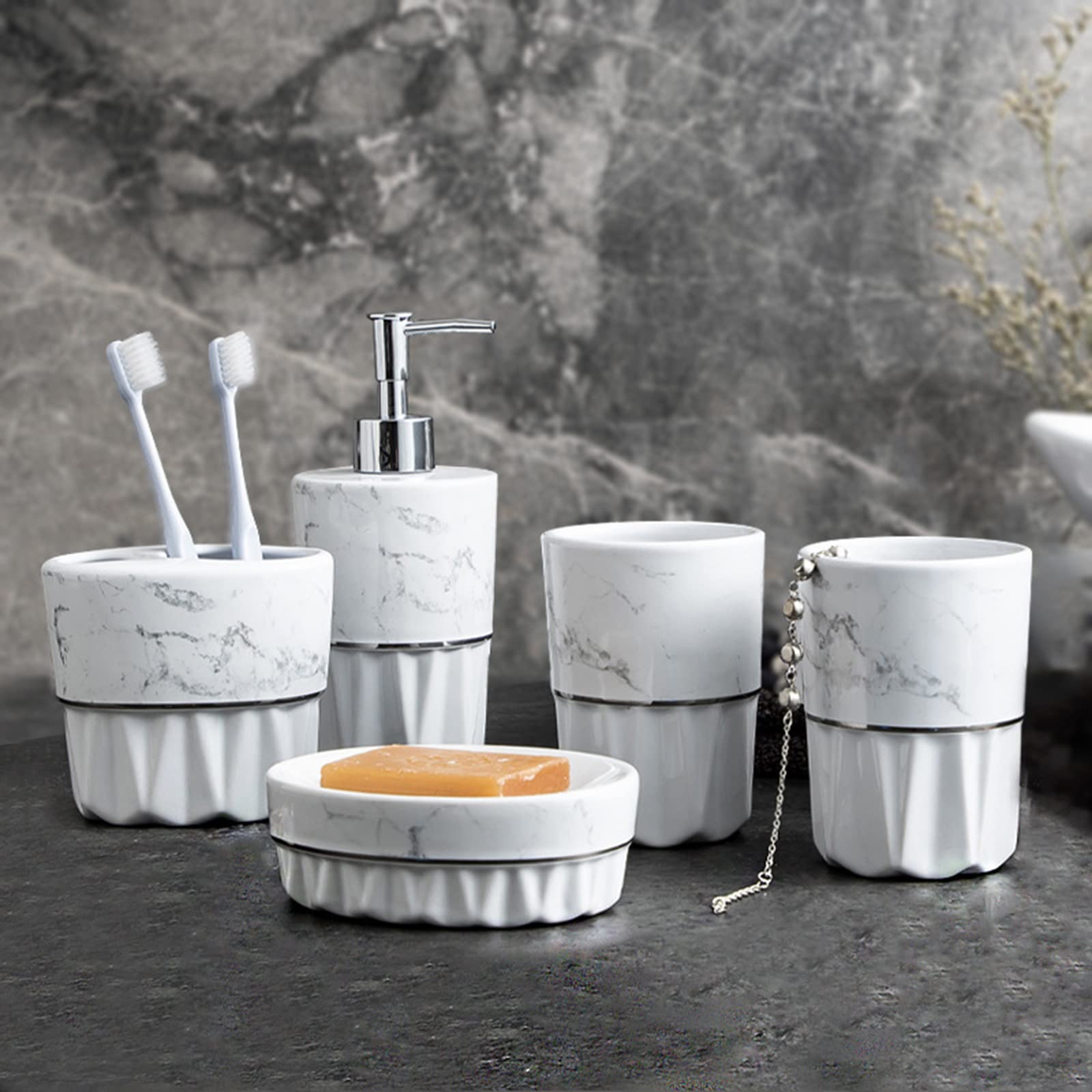 Juego De Dispensador De Jabón para Baño, Juego De Accesorios para Encimera De Baño con Diseño De Mármol De 5 Piezas con Dispensador De Jabón, Porta Cepillo De Dientes-Blanco