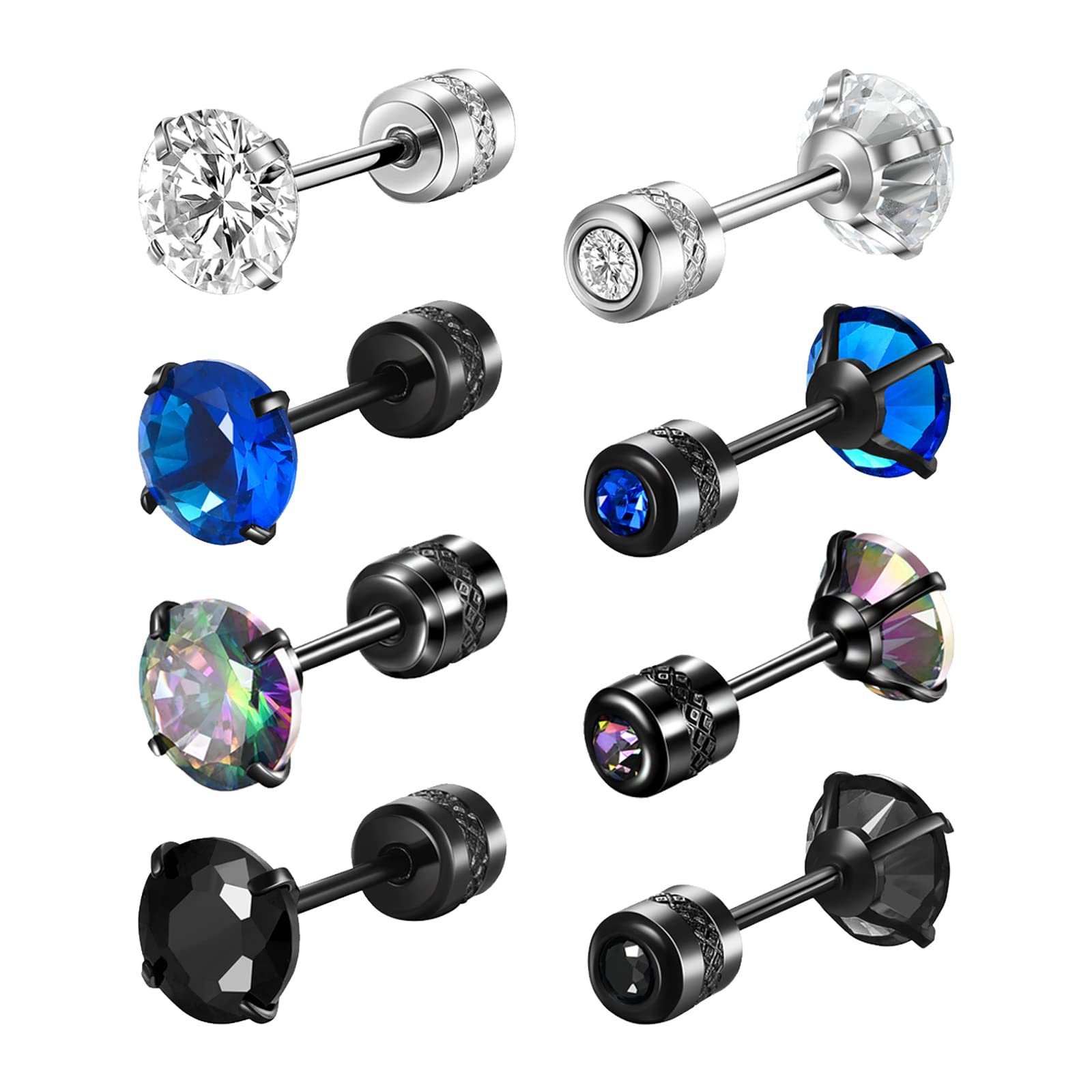 4 Pairs Titanium Screw Back Surgical Stainless Steel Stud Earrings for Women Men, Rainbow 5A Cubic Zirconia Sleep Hypoallergenic Stud for Sensitive Ears 6mm ER81