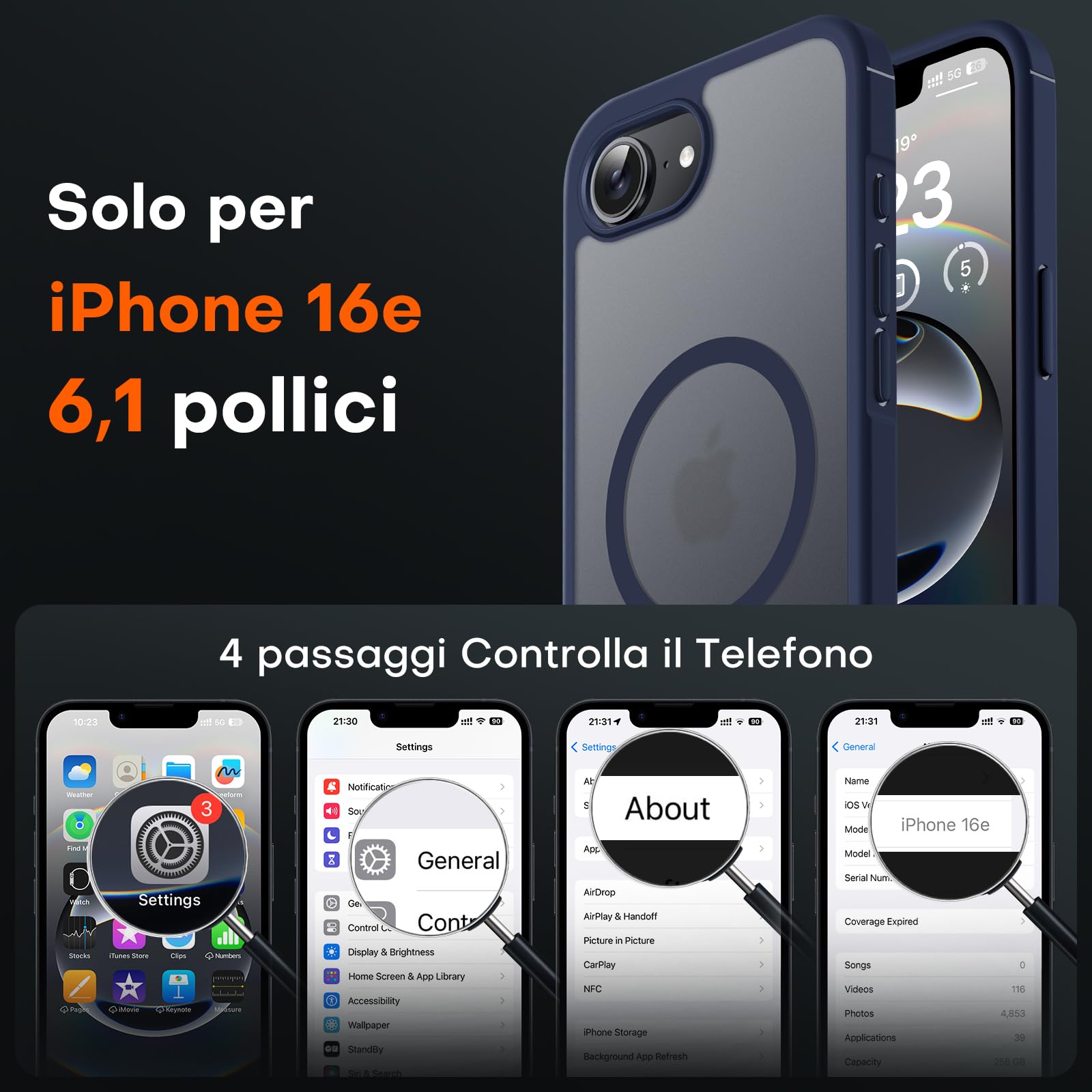 TOCOL Cover Magnetica per iPhone 16e 6,1 Pollic, Compatibile con MagSafe, Custodia Antiurto Traslucida Opaca, Blu