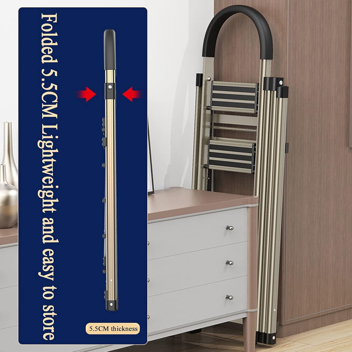 Collapsible 4-Step Silver Aluminum Lightweight Clothes Drying Rack Ladder Multifunctional Indoor Laundry Dryer with Rubber Handrail Free Installed for Home and Kitchen,Gold-Style 1