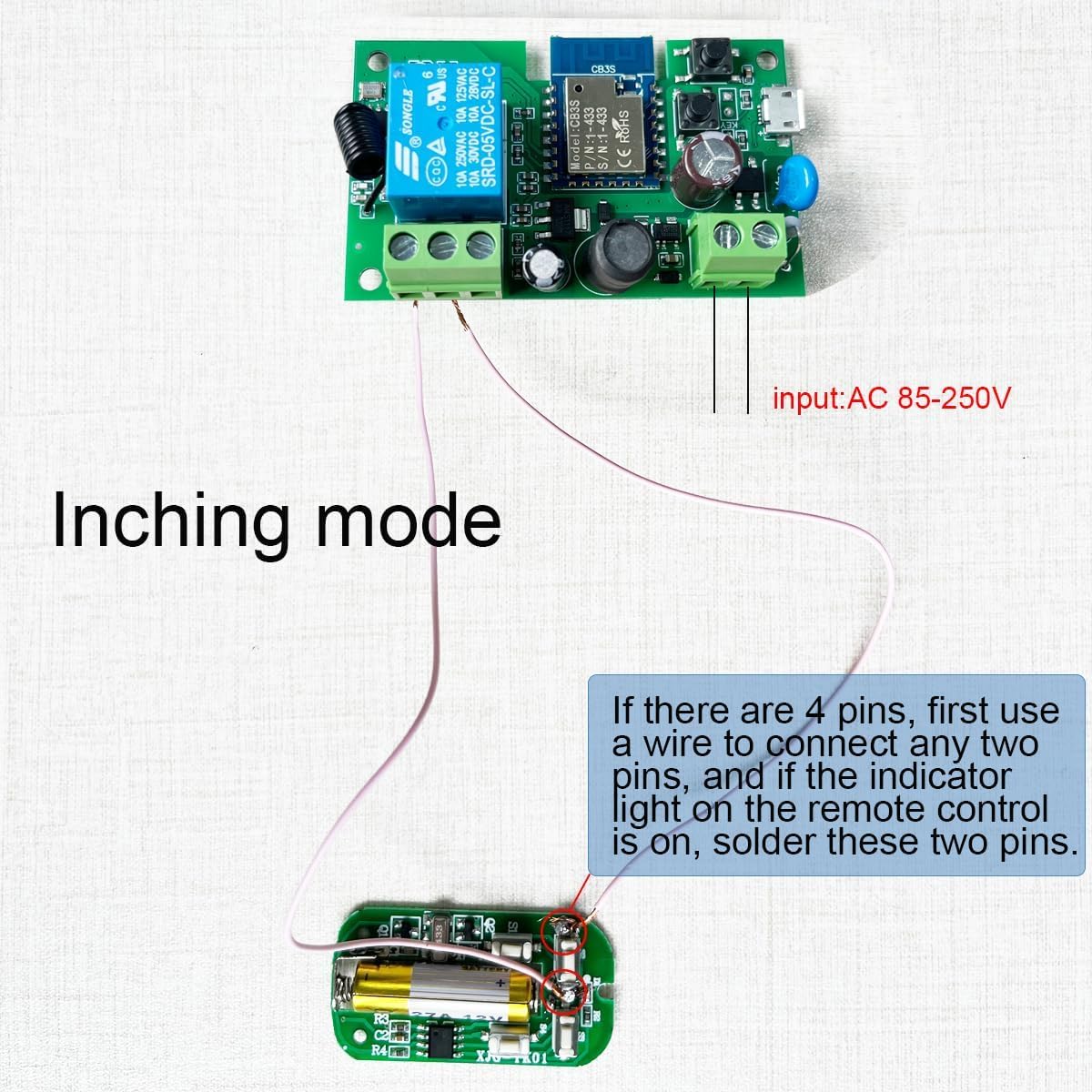 Wiring diagram for inching mode with AC 85-250V input and connection to a remote control board