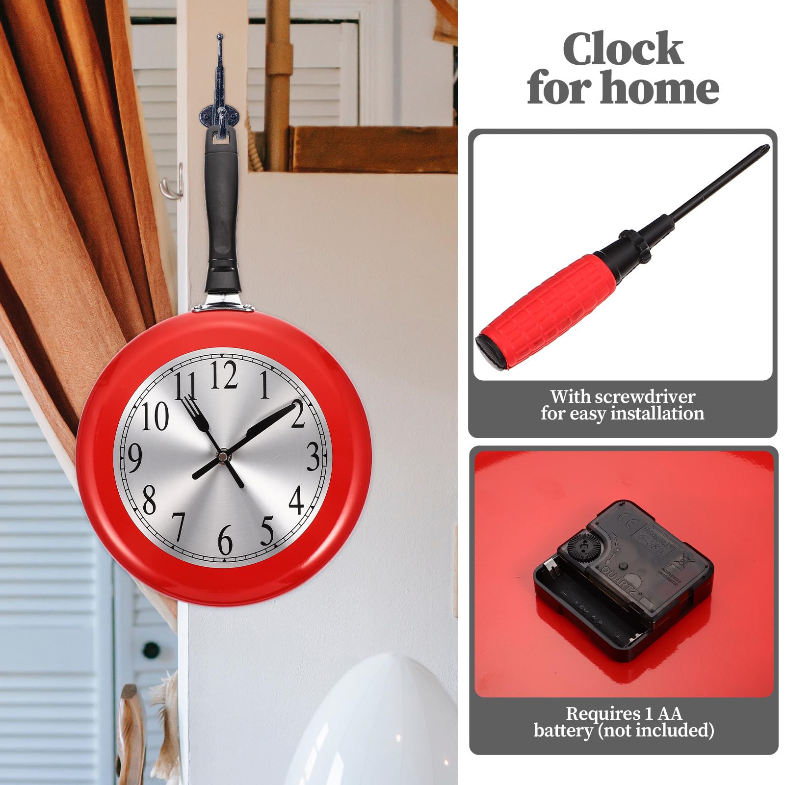 Acciaio Inox Orologio da Parete Silenzioso a Forma di Padella Rosso