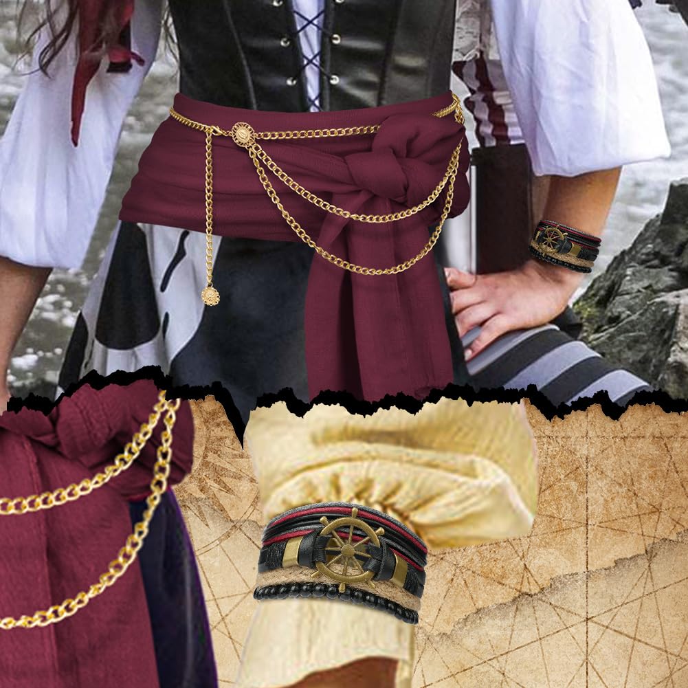 Alaoo Kit Accessori Pirata, Capitano Pirata Costume Accessori, Accessori Costume da Pirata con Cintura Bandana da Pirata, Accessori per Costume da Pirata per Halloween Carnevale Festa