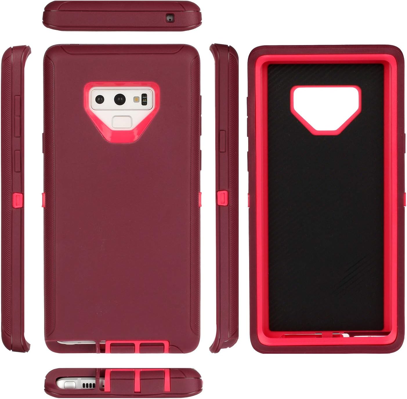 Casa Shockproof Case Compatible With Galaxy Note 9, Touch 3 in 1 Heavy Duty Holster Case Belt Clip + Armor Protective Kickstand Cover for Samsung Galaxy Note 9 (Dark Red+Pink)