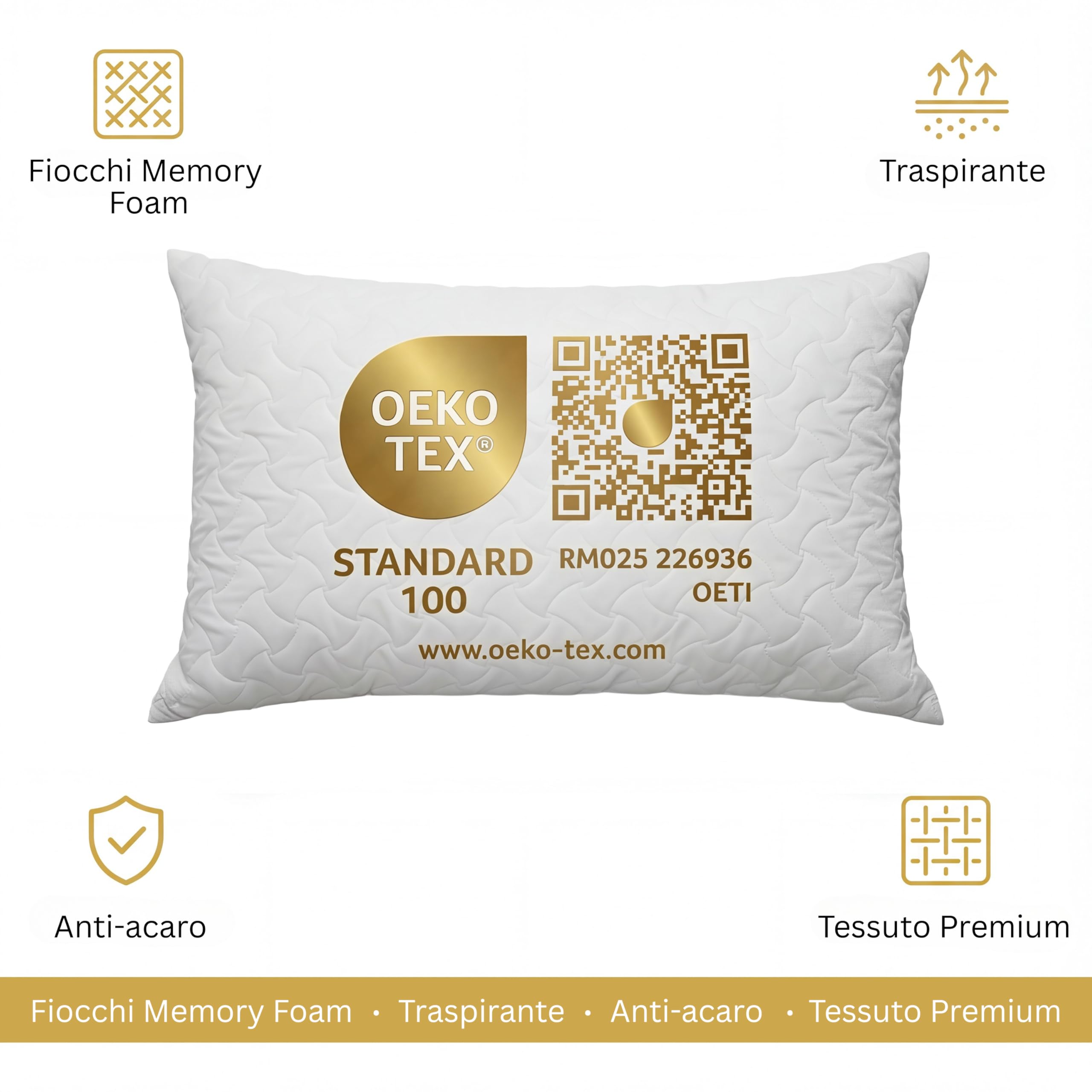 Cuscino Cervicale per Dormire in Memory Foam 70x40x16 – Guanciale Ortopedico Ergonomico Made in Italy – Anallergico Antiacaro – Federa Trapuntata Traspirante – Certificazione OEKO-TEX