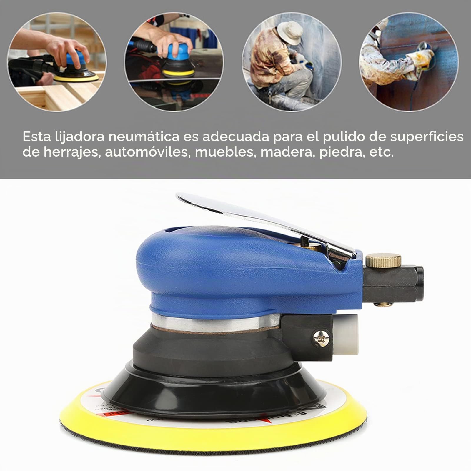 Lijadora Orbital Excéntrica Neumática, Lijadora de Aire de Mano 5"/6" con Disco de Aire Comprimido de 10000 rpm, Dual-acción Máquina para Lijar Neumática para Coche, Metal, Madera, Muebles