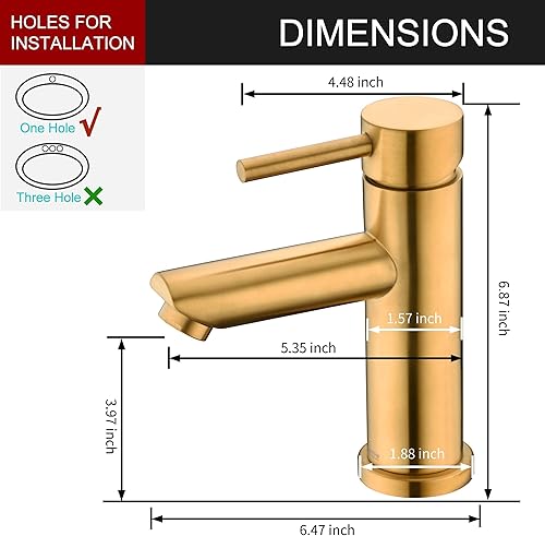 Miniatura 5 de AMAZING FORCE - Grifo de baño de un solo orificio, grifo monomando de acero inoxidable, dorado cepillado, desagüe de fregadero y placa de cubierta