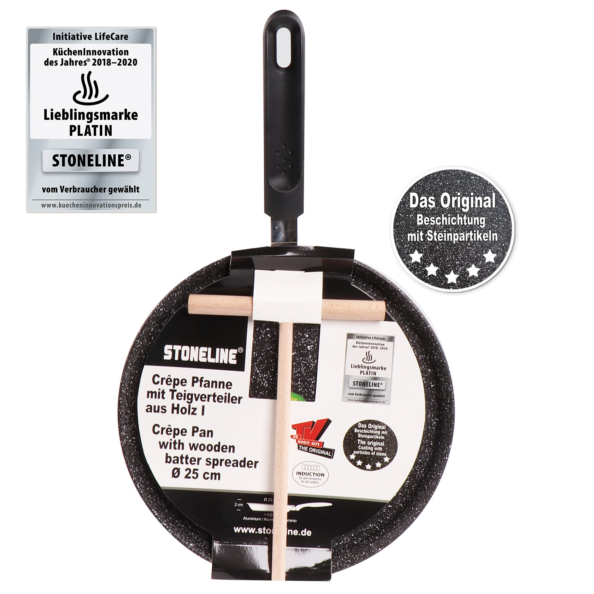 STONELINE Crepera Sartén Crepes 25 cm con Rastrillo Sartén Antiadherente Sartén Inducción con Revestimiento Antiadherente con Partículas de Piedra Reales, Todo Tipo de Cocinas, Cocinar Sin Grasa