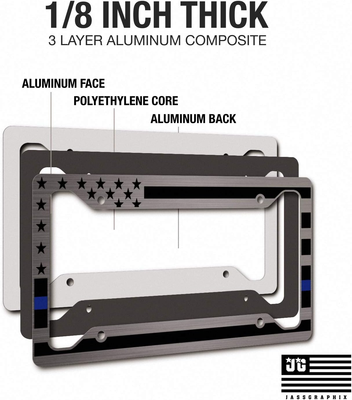 Novelty Heavy Duty Thin Blue Line American Flag License Plate Frame Matte Black on Brushed Aluminum Composite