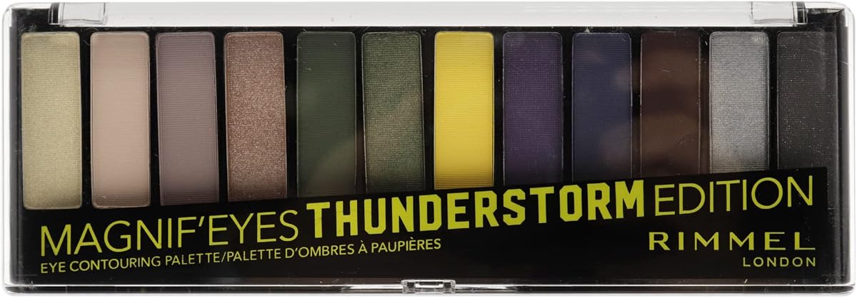 Rimmel London Magnif'Eyes Paleta de sombras de ojos, 12 tonos, fórmula mezclable, versátil, 010, Thunderstorm, 0.5 oz