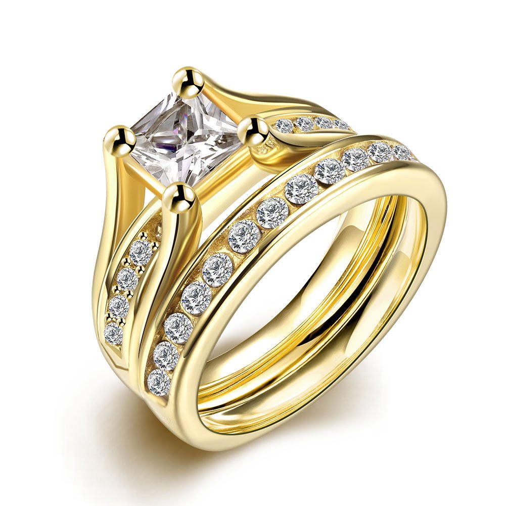 ZUMUii Set de anillos ZUMUii Butterme de titanio 316l dorado con solitario corte princesa de circonio, anillos de compromiso, set de anillos de boda para hombre y mujer tamaño 6-9