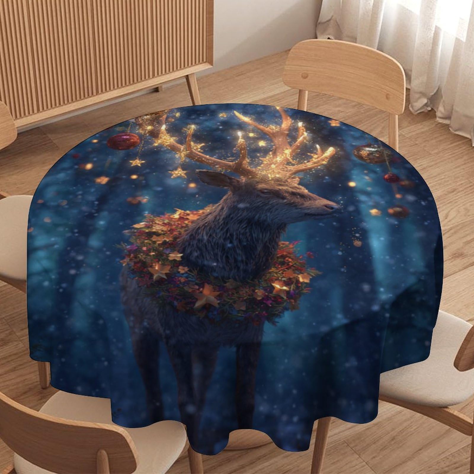 LUYYSKY Vintage Abstract Animal Deer Round Tablecloth Classic Oil Painting Merry Christmas Winter Snowy Scenery Wildlife Elk Washable Decor for Table Cover for Kitchen-127 Wx127 L cm