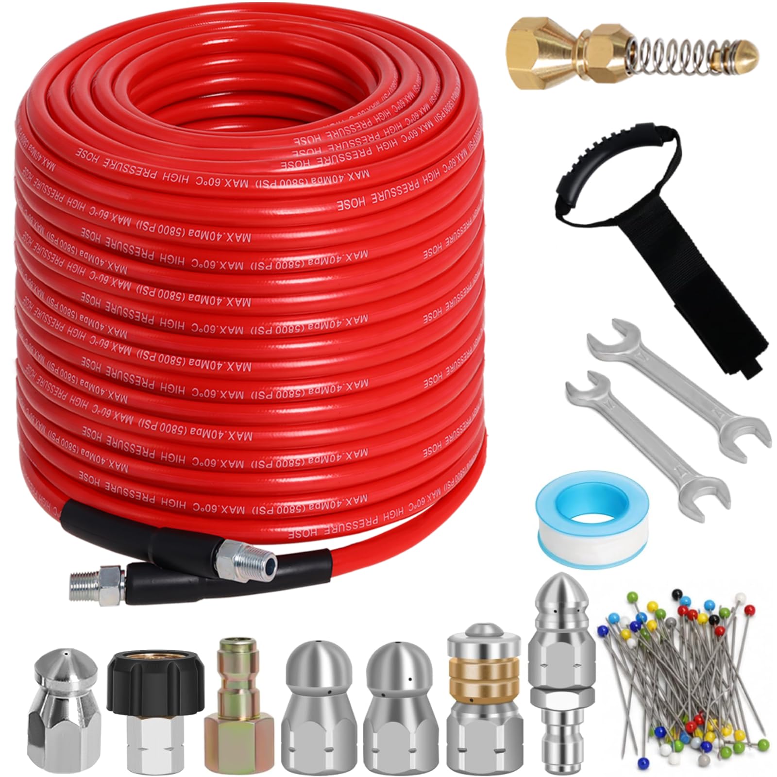 150FT 1/4-In Sewer Jetter Kit, 5800 PSI Pressure Washer Drain Cleaner Hose