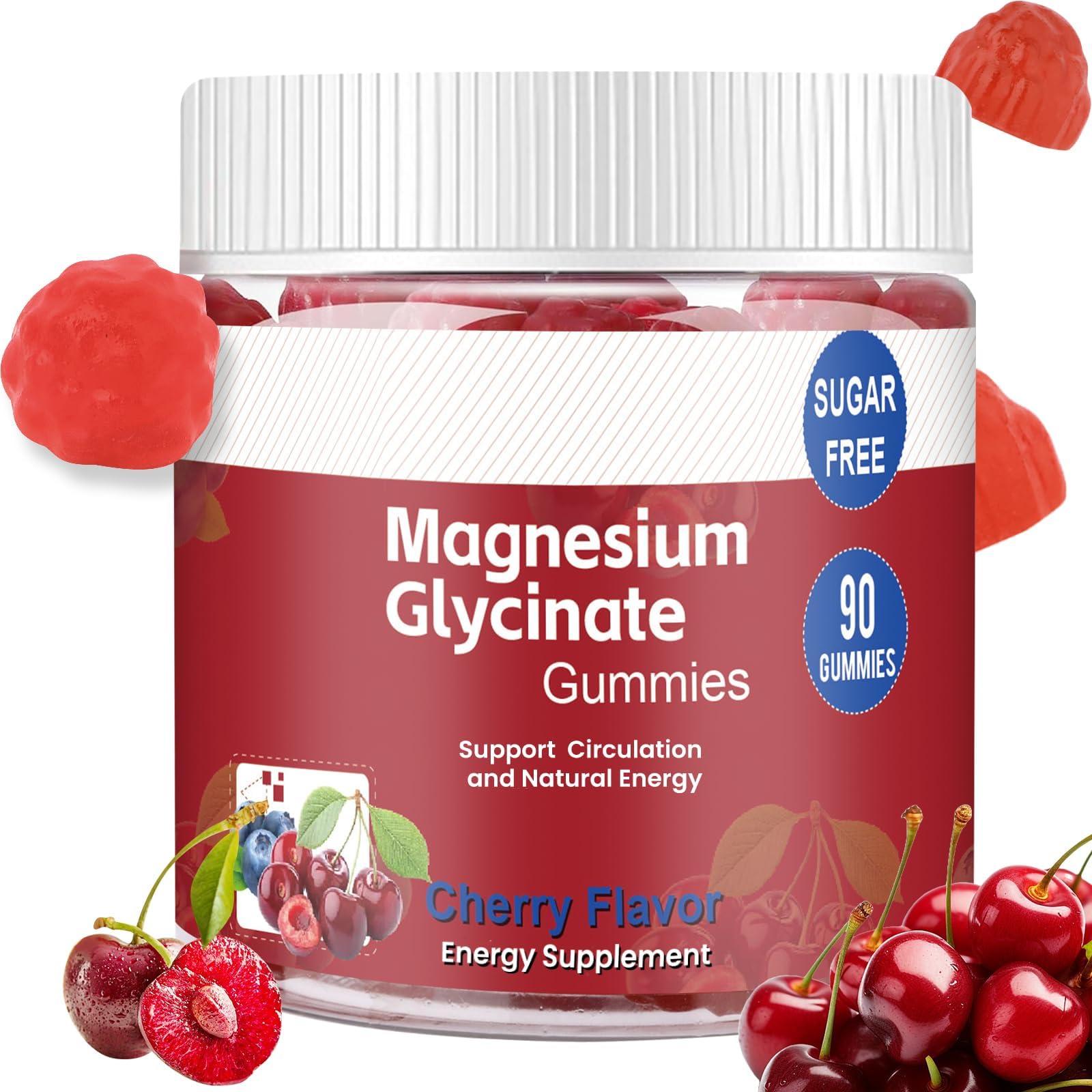 90 Count Magnesium Glycinate Gummies 400mg - Sugar Free Support Energy with Magnesium Taurate Vitamin B Zinc Magnesium Gummies for Adults Relaxation Calm Cherry