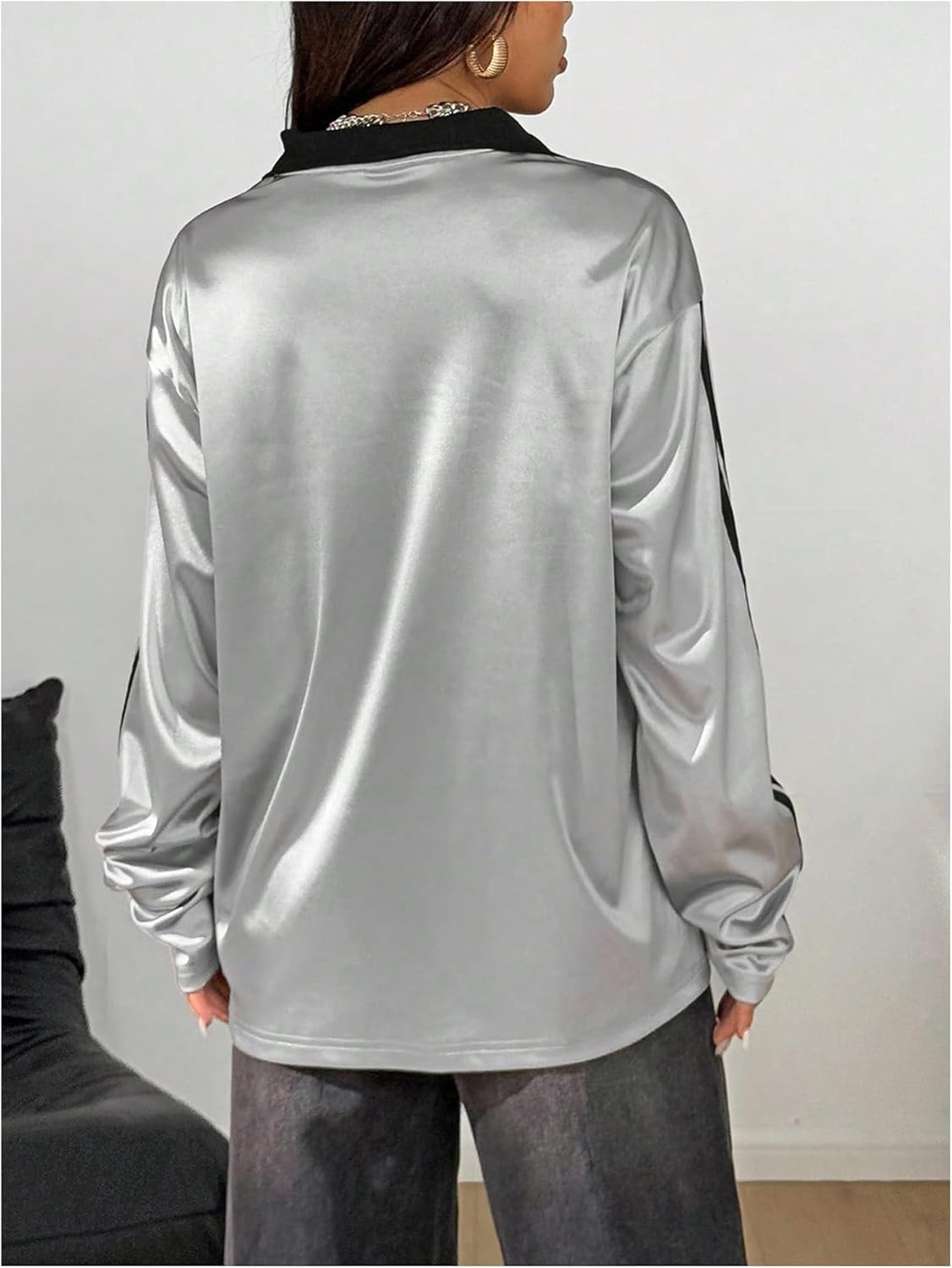 GORGLITTER Women's Metallic Shirt Letter Graphic Tees Y2k Striped Long Sleeve Jersey T Shirt Collared Streetwear Tops - Image 2