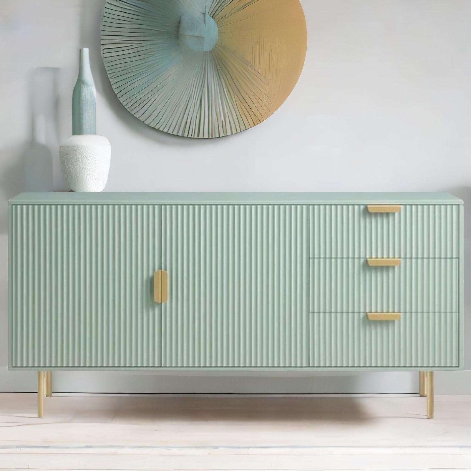 TGF Furniture Store Modern Sideboard Cabinet – 3-Drawer Storage Credenza with Ribbed Design, Mint Green Finish & Gold Handles, Contemporary Console for Living Room, Dining Room & Entryway-image-19