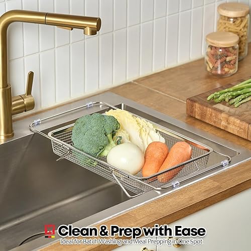 Miniatura 7 de Escurreplatos extensible con pies, cesta coladora de verduras, estante de secado de platos o cubiertos de acero inoxidable, organizador de cocina