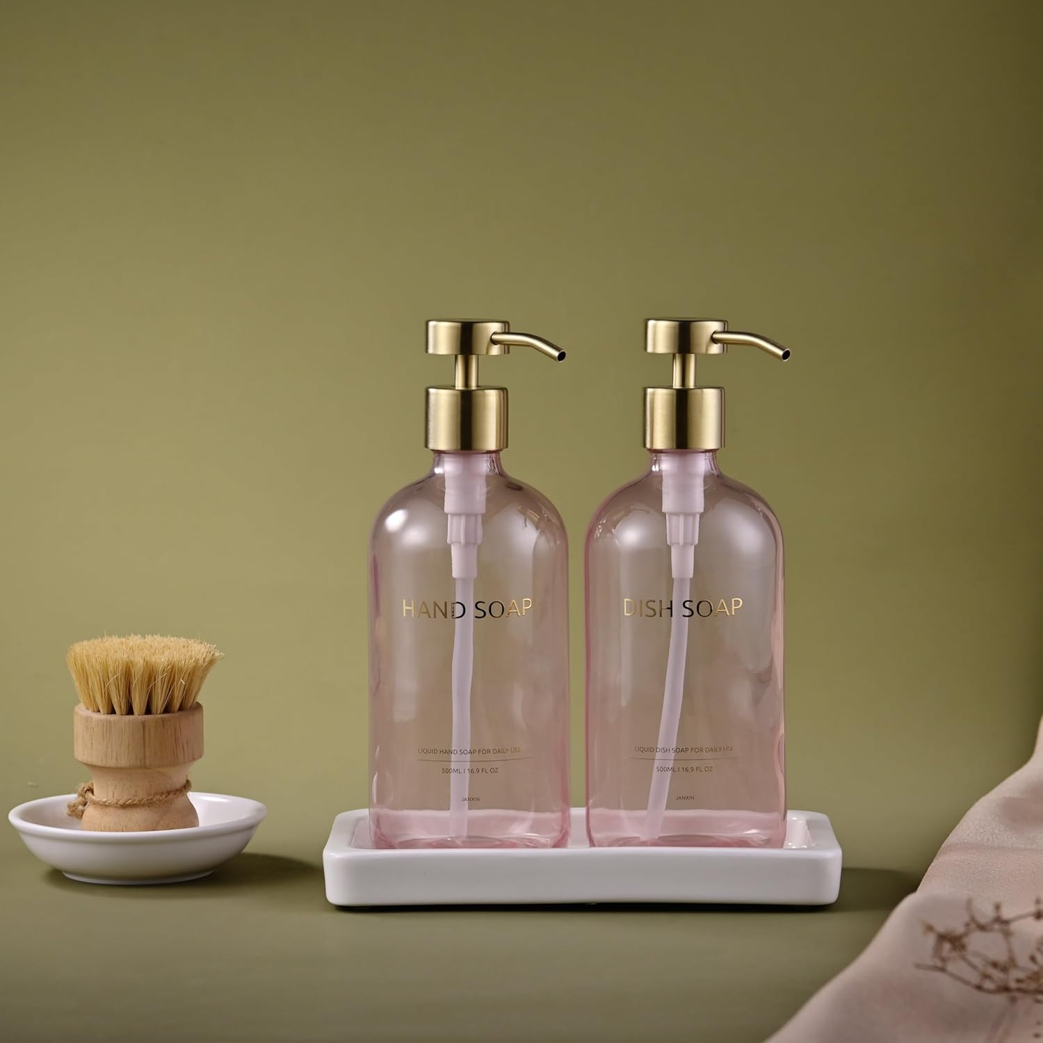 Glass Kitchen Soap Dispenser Set with Ceramic Tray,16.9 floz Hand and Dish Soap Dispenser for Kitchen and Bathroom Decor (Pink Bottles + Gold Pumps)
