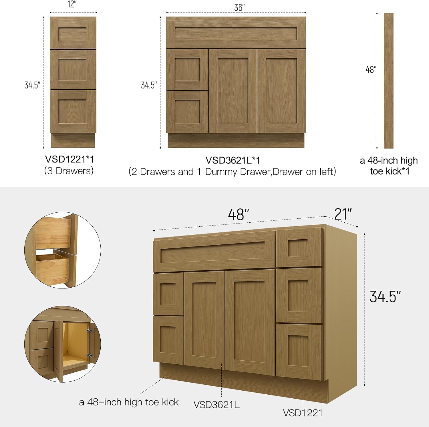 48" Bathroom Vanity Cabinet Set, 2-Piece Set, Includes 12" Drawer Base Cabinet and 36" Left-Drawer Vanity Base Cabinet, Soft Close, Unassembled, Modular (White Oak and MDF Door, 48"W X 21"D)