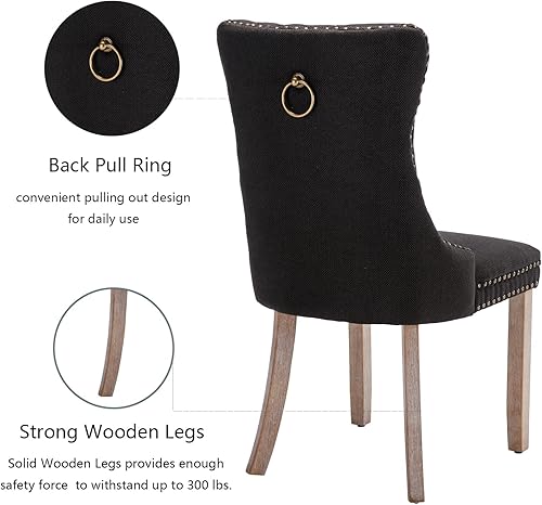 Miniatura 5 de Juego de 2 sillas de comedor negras tapizadas de tela de lino con borde trasero de tracción y patas de madera maciza, silla de cocina copetuda de