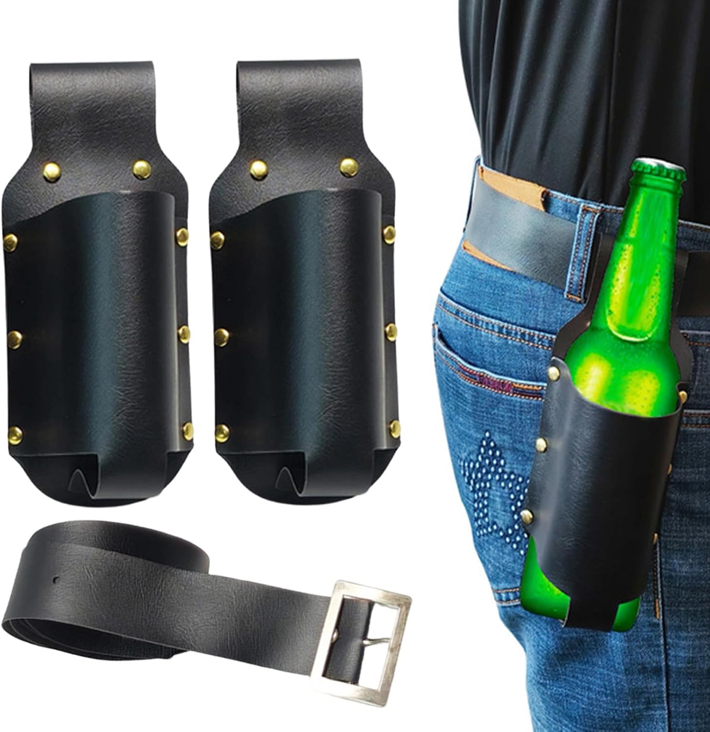 Beer Holster - PU Leather Cowboy Fanny Pack | Beer Can Holder Belt | Hands-Free Drink Holder For BBQ Grilling Party Camping Festival Gift For Dad Father Christmas Outdoors