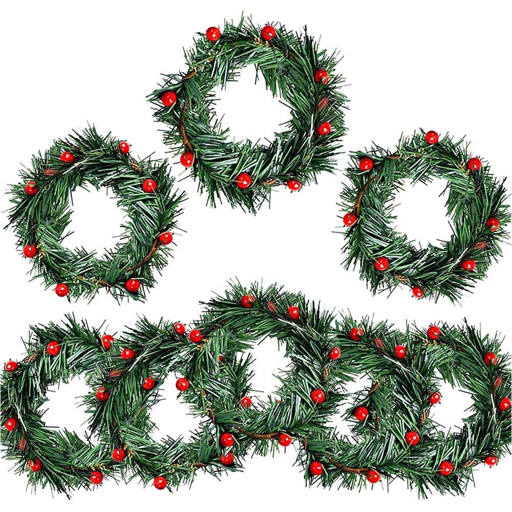 CTRLZS 8 PCS Holly Berry Candle Ring Small Artificial Red Berries Pine Needles Wreath for Christmas Garland Ornaments Decor