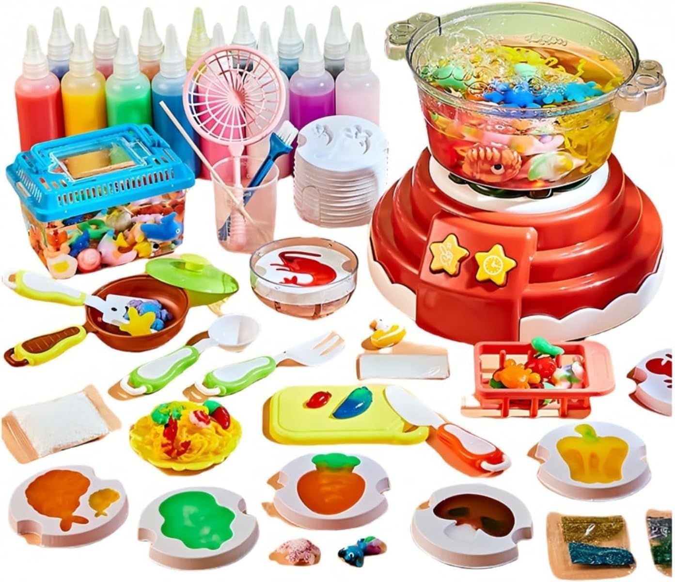 EZweekend Kids Safe DIY Cooking Toy Set | Bounce Cooking Pretend Play Pot Portable Bubble Edison (Pack of 16, Red)