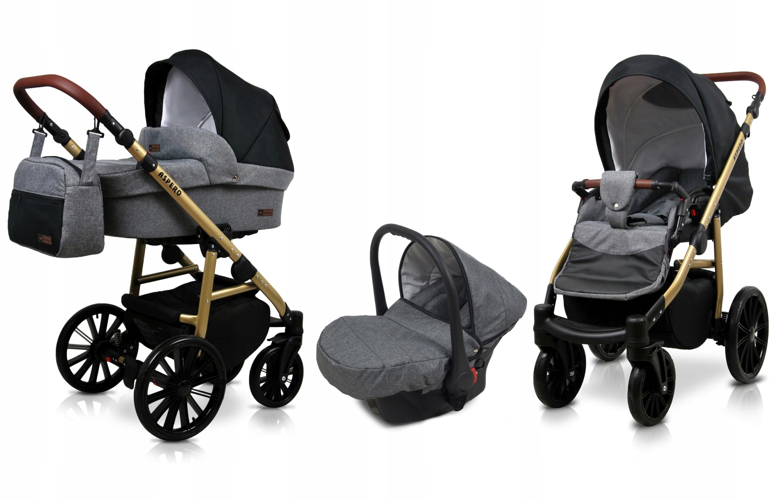 BabyLux® Carrito de Bebé Sistema de Viaje Set 3 en 1 - Aspero - incl. Capazo, Silla de Paseo, Silla Coche - Cochecito - con Bolso cambiador, Cubierta para la lluvia, Mosquitera etc.