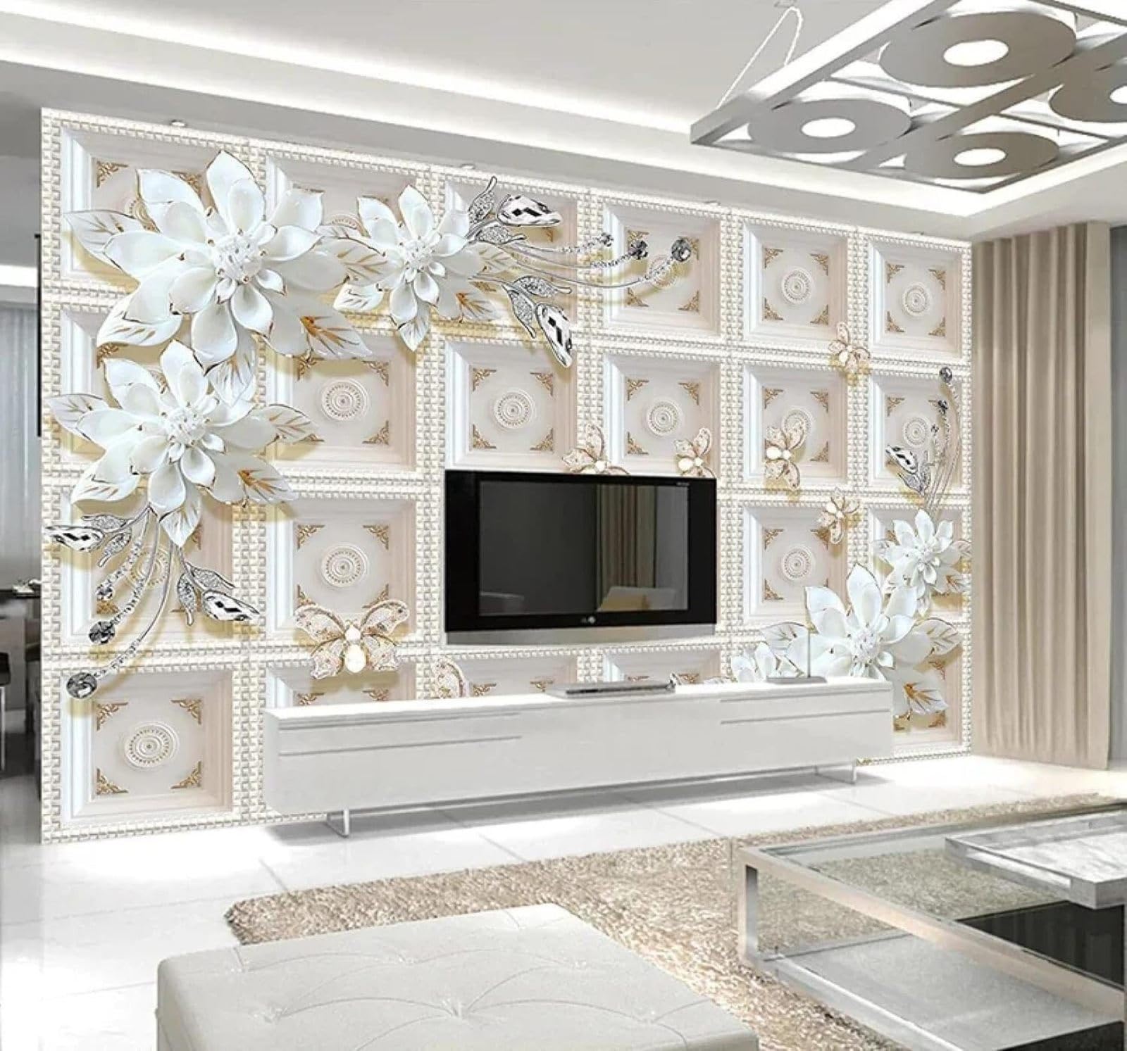 XLMING Beautiful Relief Jewellery Flowers Butterflies 3D Wallpaper Luxury Home Dining Decor Paste Sofa Living Room The Wall for Bedroom Mural-150cm×105cm