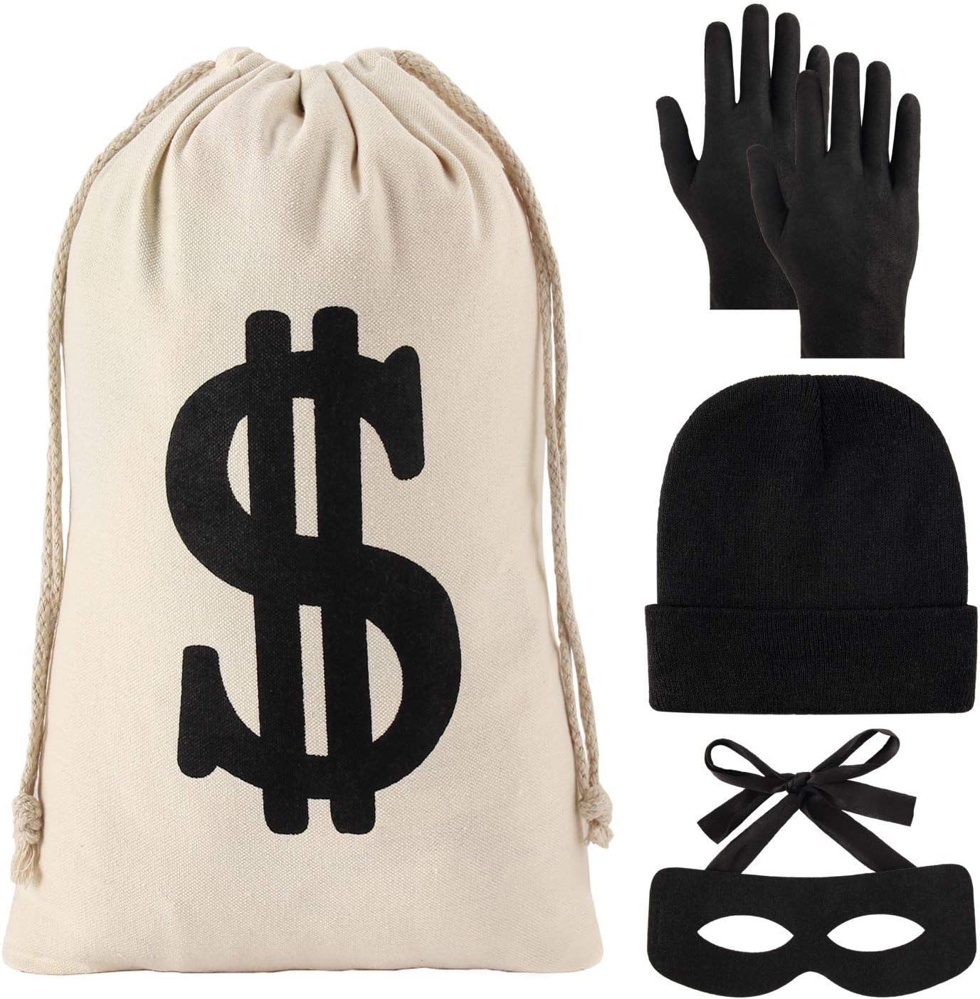YAROMO 4 Pieces Robber Costume Set, Include Canvas Dollar Sign Money Bags Bandit Eye Mask Knit Beanie Cap for Halloween Cosplay Burglar Theme Party
