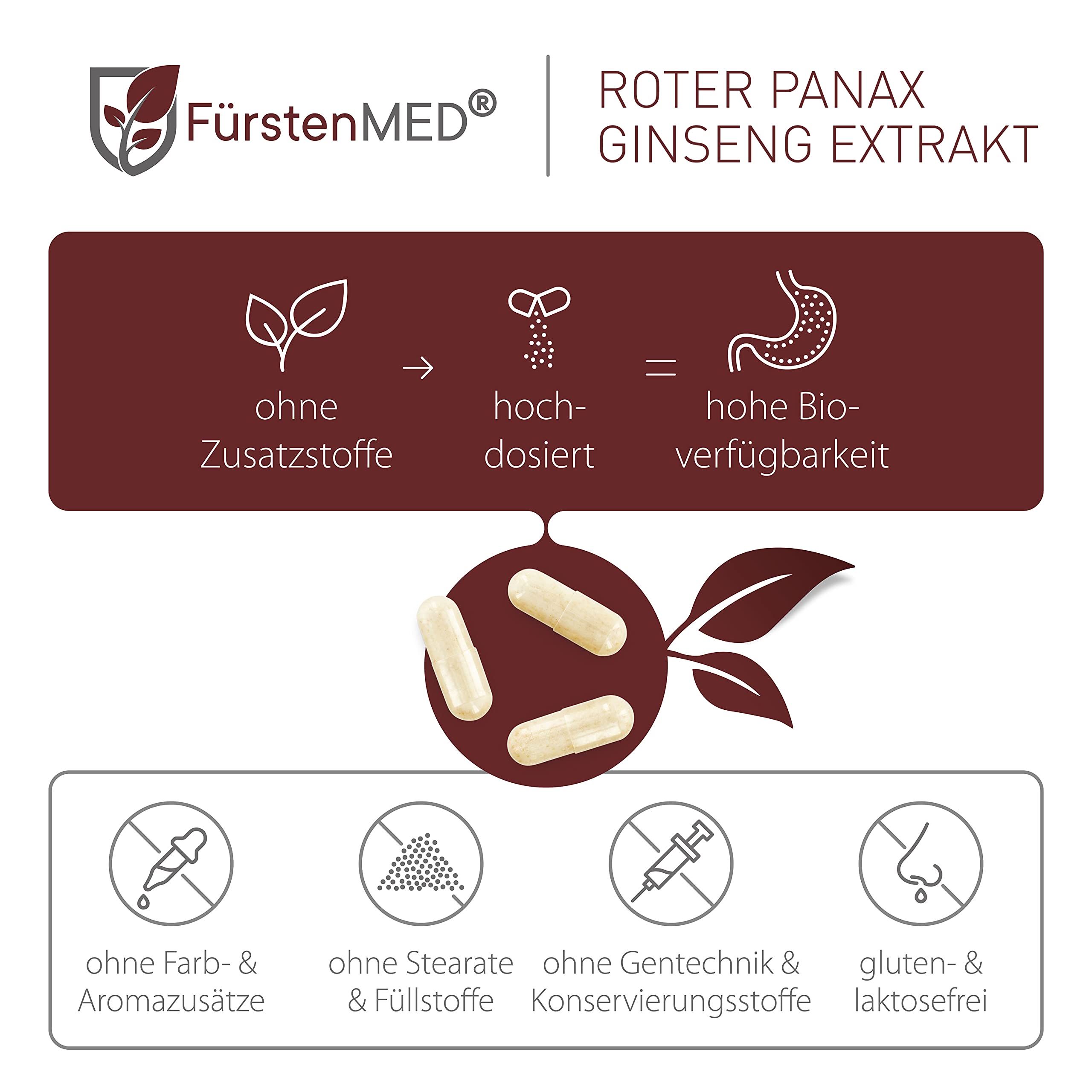 FürstenMED® 1800mg Echter Panax Ginseng Extrakt - 120 Kapseln - Hochdosiert mit 360mg Ginsenoside pro Tagesdosis - 120 Vegane Kapseln frei von unerwünschten Zusatzstoffen
