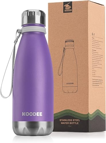 koodee Botella de agua de acero inoxidable de 12 onzas con aislamiento al vacío, forma de cola, botellas de agua de metal a prueba de fugas (morado)