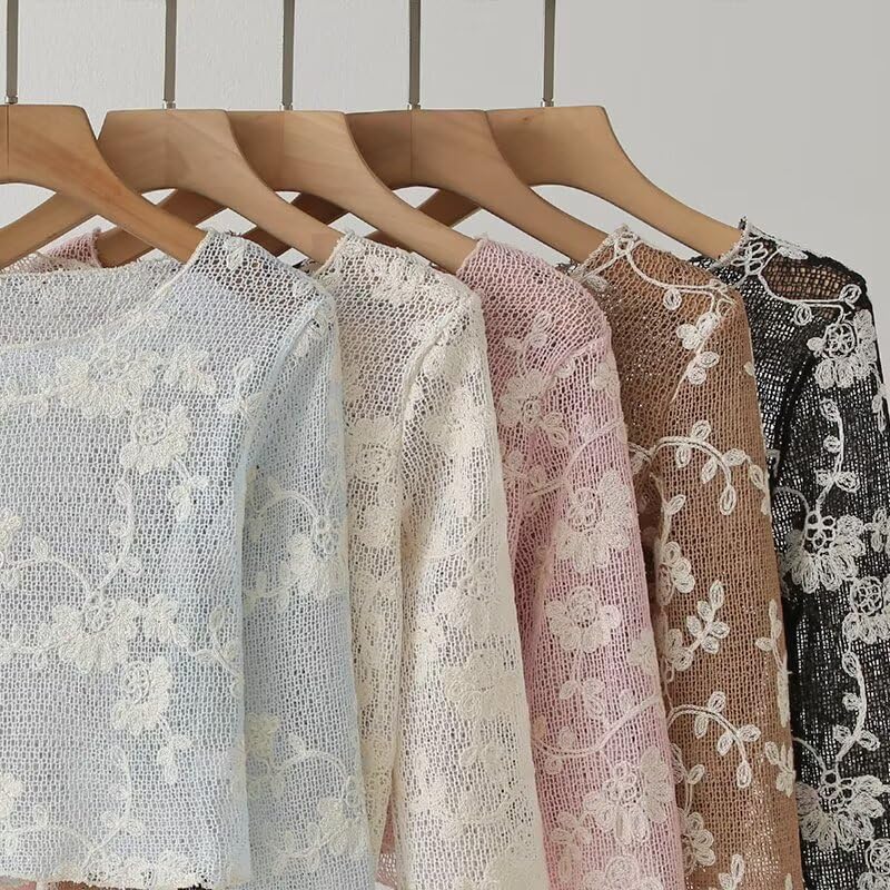 Image of ICW Women Long-Sleeves Boat Neck Transparent Mesh Sheer Floral Embroidery Crop Top T-Shirt DN648