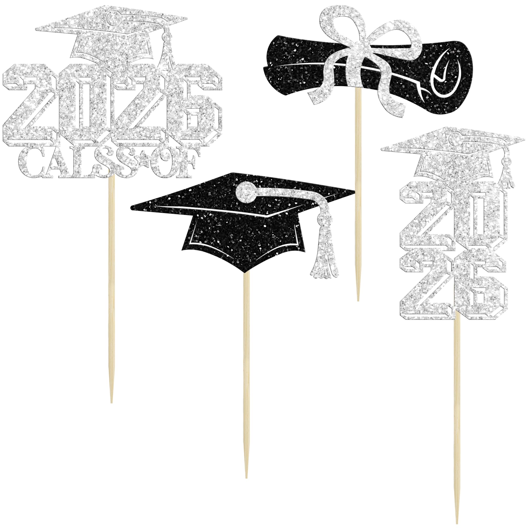Gyufise 36Pcs 2026 Graduation Theme Cupcake Toppers Glitter Class of 2026 Grad Cap Diploma Cupcake Picks 2026 Graduation Theme Party Cake Decorations Supplies Silver - Image 3