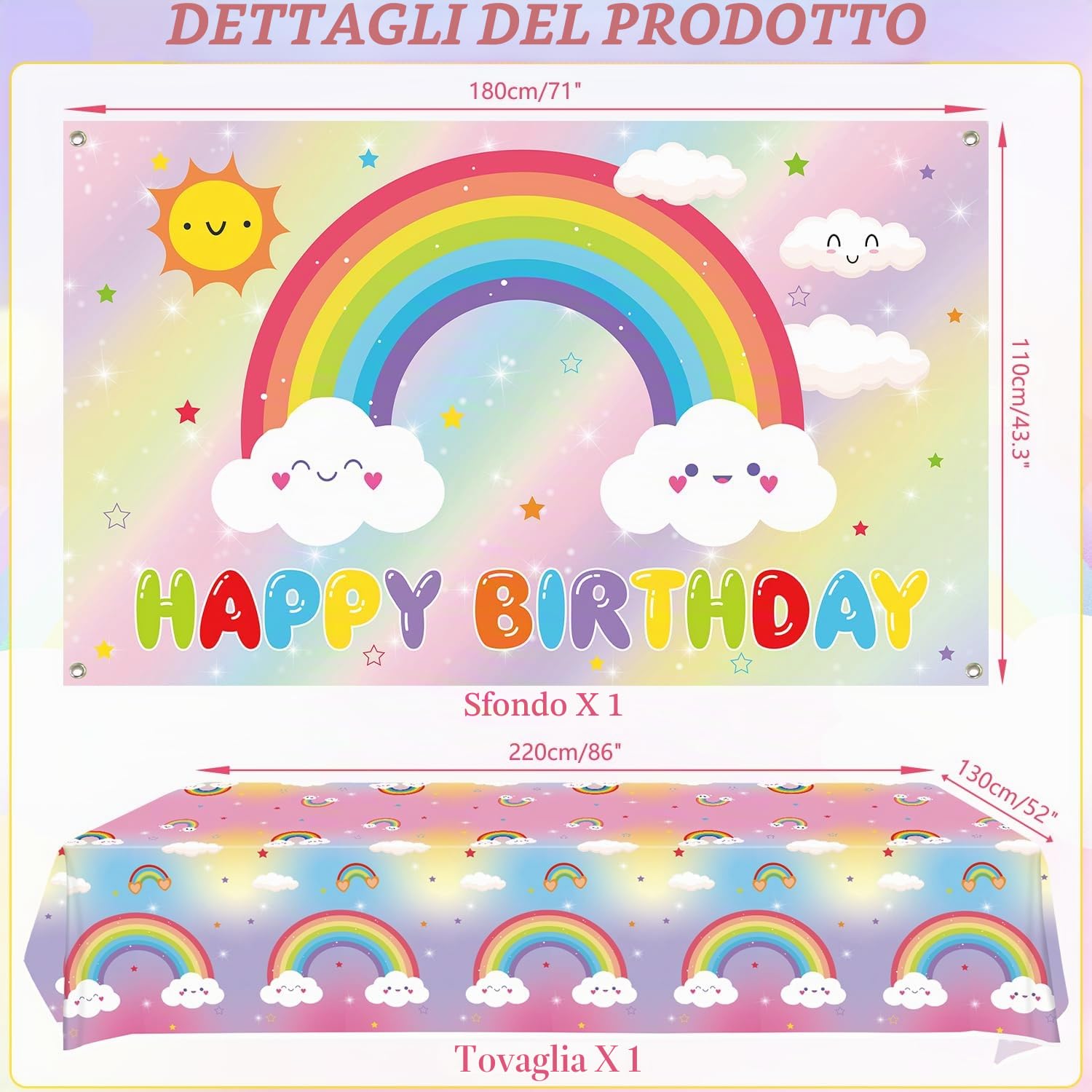 Decorazioni per Festa di Compleanno a Tema Arcobaleno - Forniture per Festa Arcobaleno compresi sfondo, piatti, Cake Topper, tazza, tovagliolo, palloncino, tovaglia - per 20 persone (BJ)