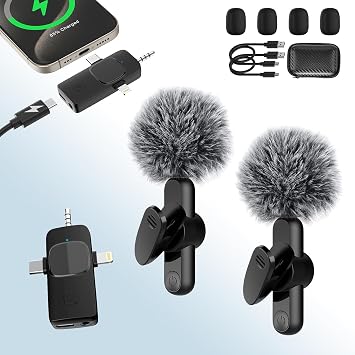 Wireless Lavalier Microphone for iPhone/Camera/Android Phone, Plug-Play Mini Micro Phone Wireless Lapel Mic with Lightning+USB-C+3.5mm Receiver, Clip On Microphone for Video Recording/TikTok