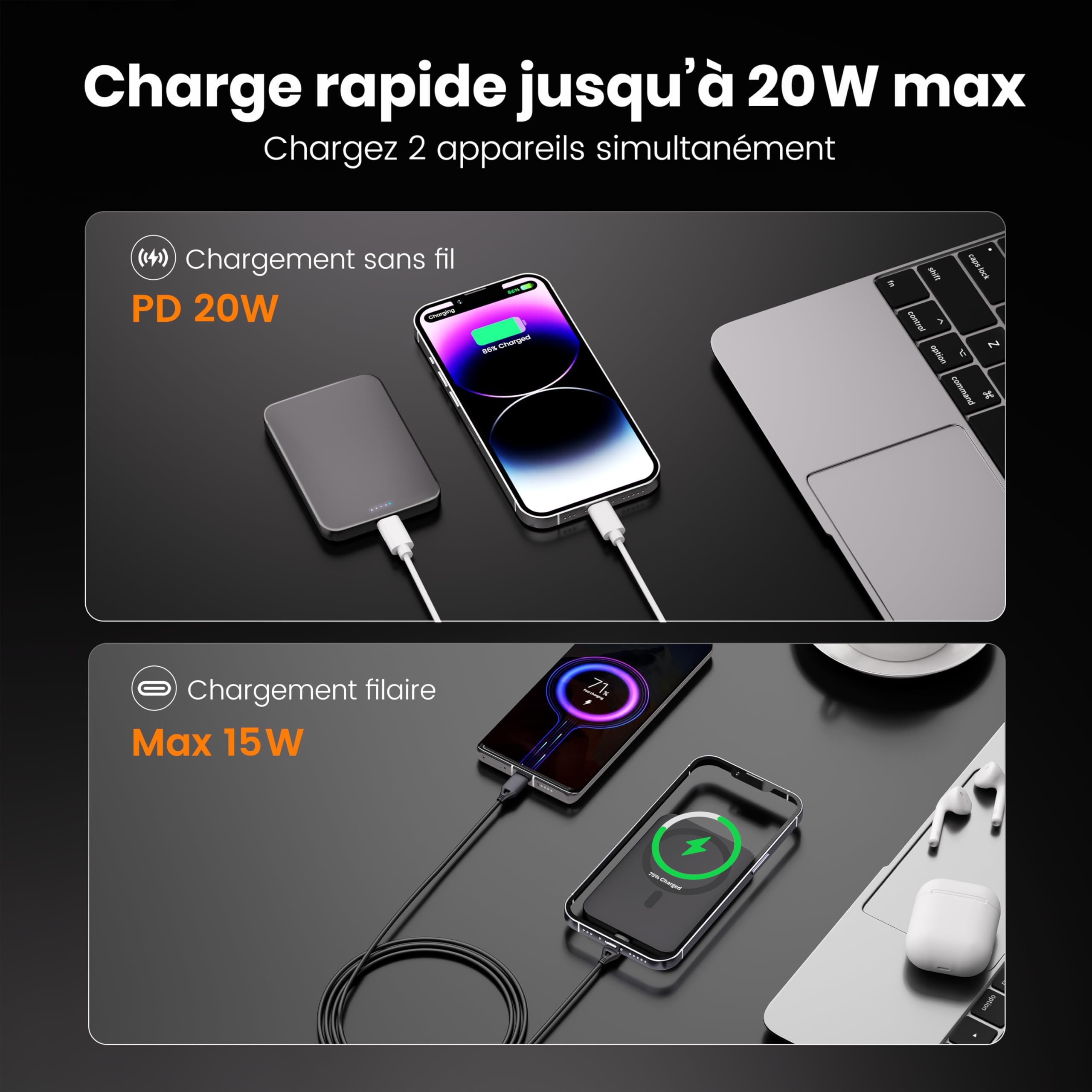 Kstime Batterie externe magnétique 10 000 mAh, design ultra fin en titane de 14 mm, chargeur portable sans fil PD20W avec entrée et sortie USB-C, compatible avec iPhone séries 17/16/15/14/13/12 (Noir)