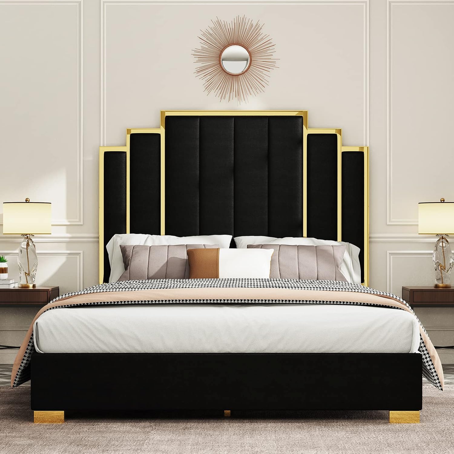 Albott Queen Size Platform Bed Frame, 61.4" Velvet Upholstered Bed with Gold Trim Headboard/Wooden Slats/No Box Spring Needed/Black