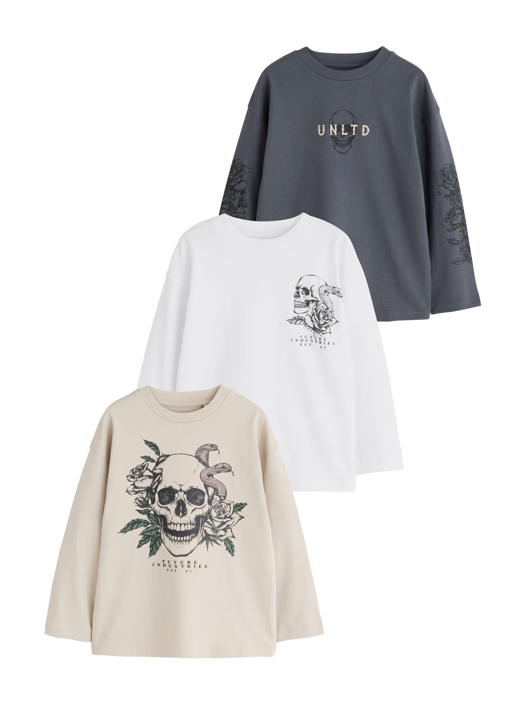 NEXT Niños Pack de 3 Camisetas de Manga Larga de Corte Holgado con gráfico