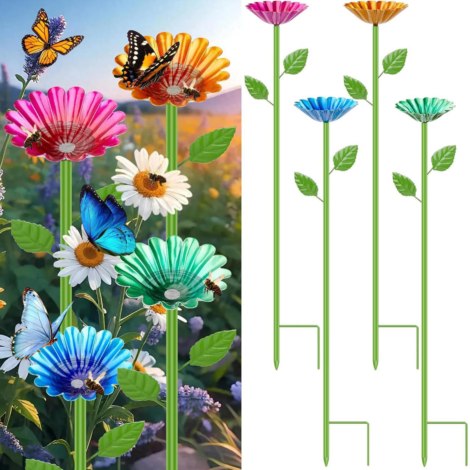 ZONSUSE Estación de Agua para Abejas Jardín, Bebedero para Abejas, Comedero para Mariposas y Baño de Insectos, Estacas de Flores de Metal, Estación de Riego Decoración Exterior Regalo (4 Unidades)