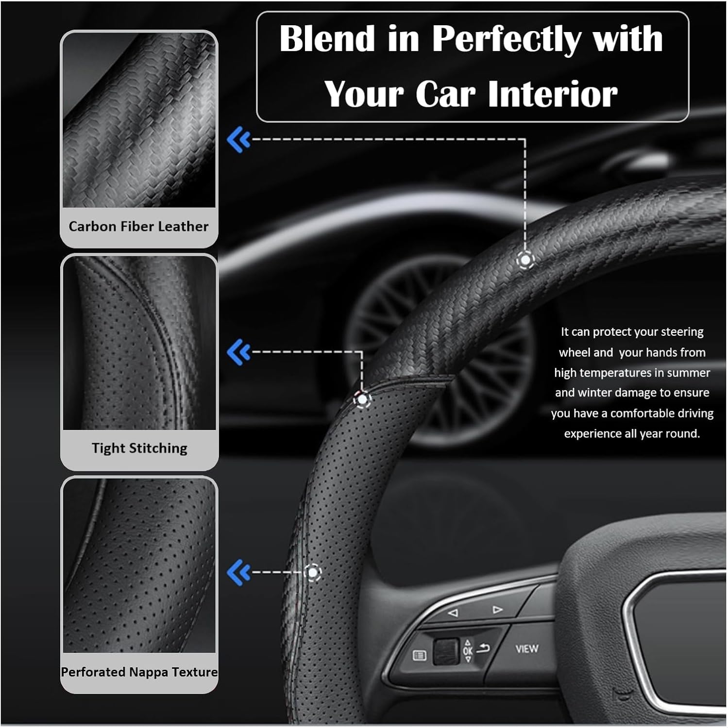 Nappa Leather 15 Inch Steering Wheel Cover, Non-Slip Breathable Carbon Fiber Steering Wheel Protector or Wrap for Men & Women, Black