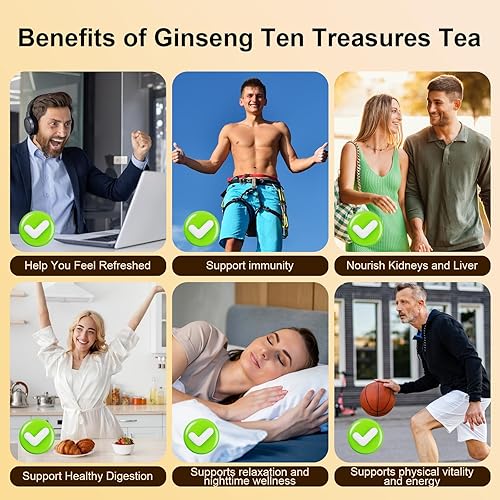 Miniatura 4 de Ginseng Ten Treasures Tea, mezcla de té de hierbas chinas prémium con ginseng, goji, dátiles rojos y 7 hierbas más, apoyo para el riñón y el hígado,