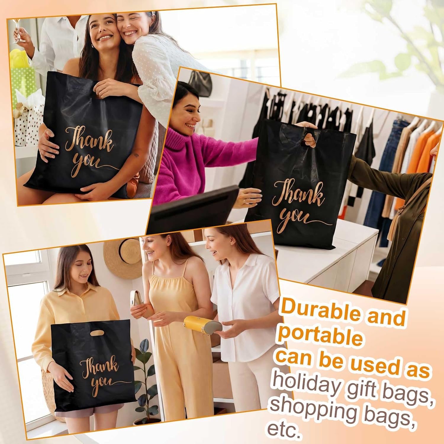 Maitys 100 Pcs 20" x 20" Large Thank You Bags with Handle for Small Business, Black Plastic Shopping Merchandise Bags for Retail, Boutique Stores, Gifts, Clothes, Trade Show and More