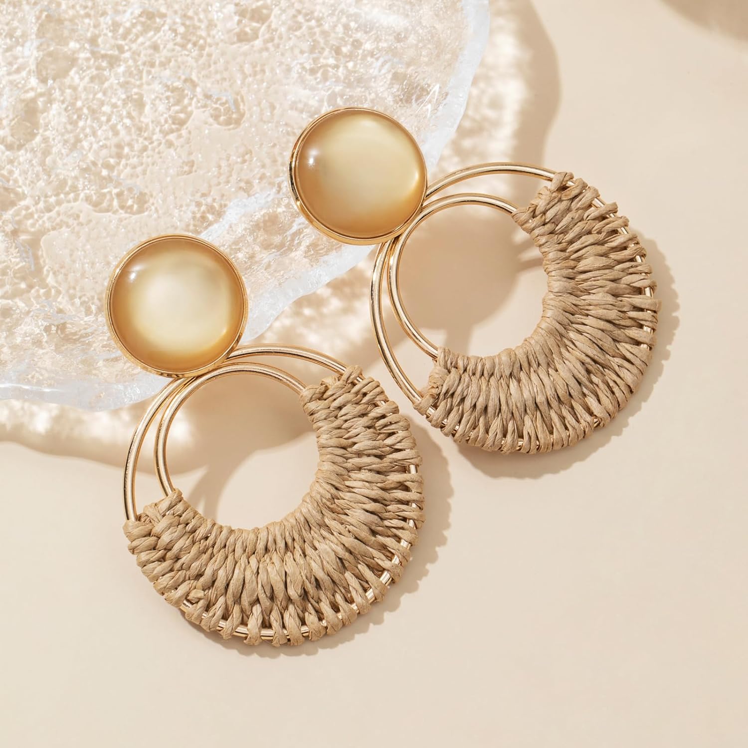 Boho Rattan Dangle Earrings for Women Trendy - Geometric Straw Raffia Earrings for Summer Beach Vacation - Image 3