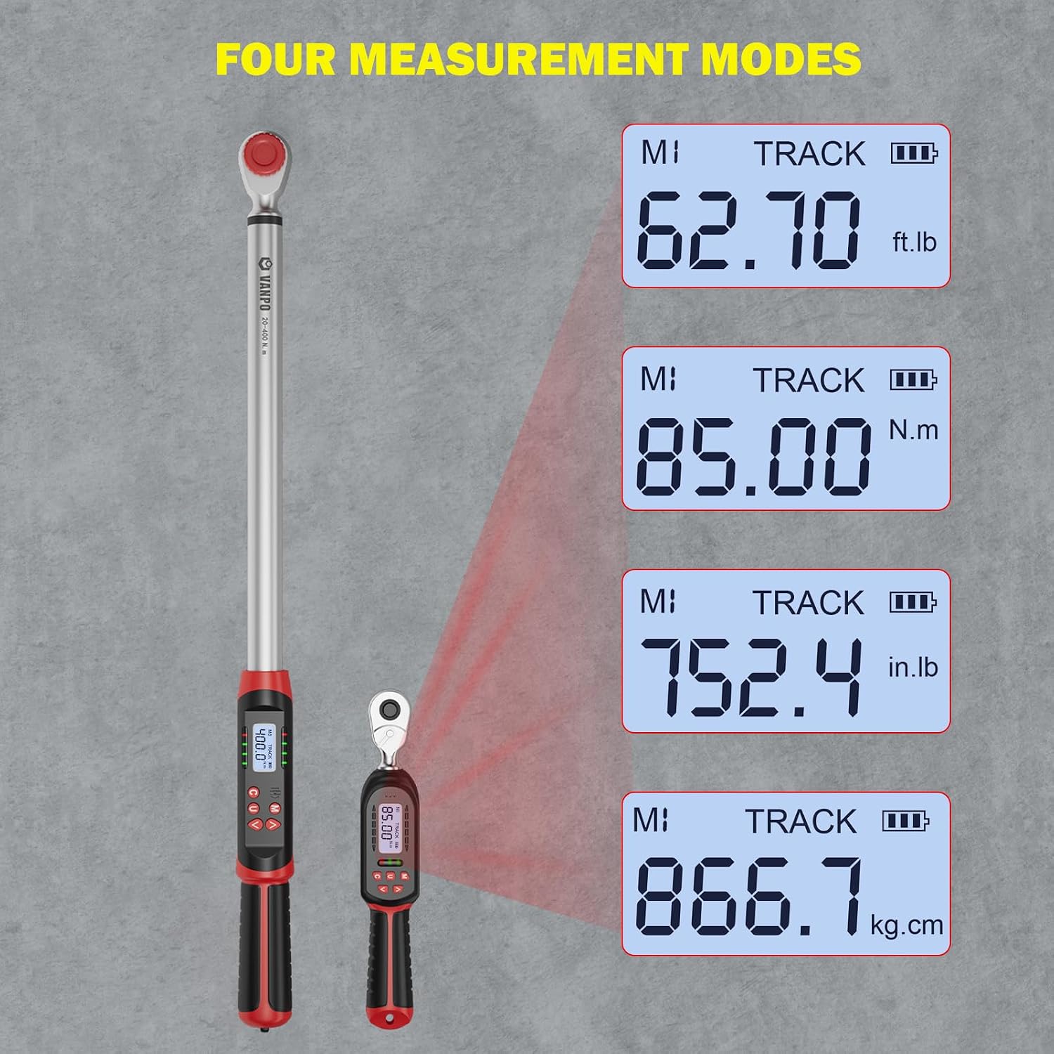 VANPO Digital Torque Wrench displays showing four measurement modes.