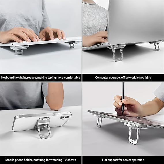 Mini Laptop Stand for Desk, 4pcs Portable Laptop Stands Self-Adhesive Invisible Keyboard Riser Adjustable Tilt, Zinc Alloy Lapto-p Feet Cooling Pad for MacBook, Tablet (4Pack, Silver)
