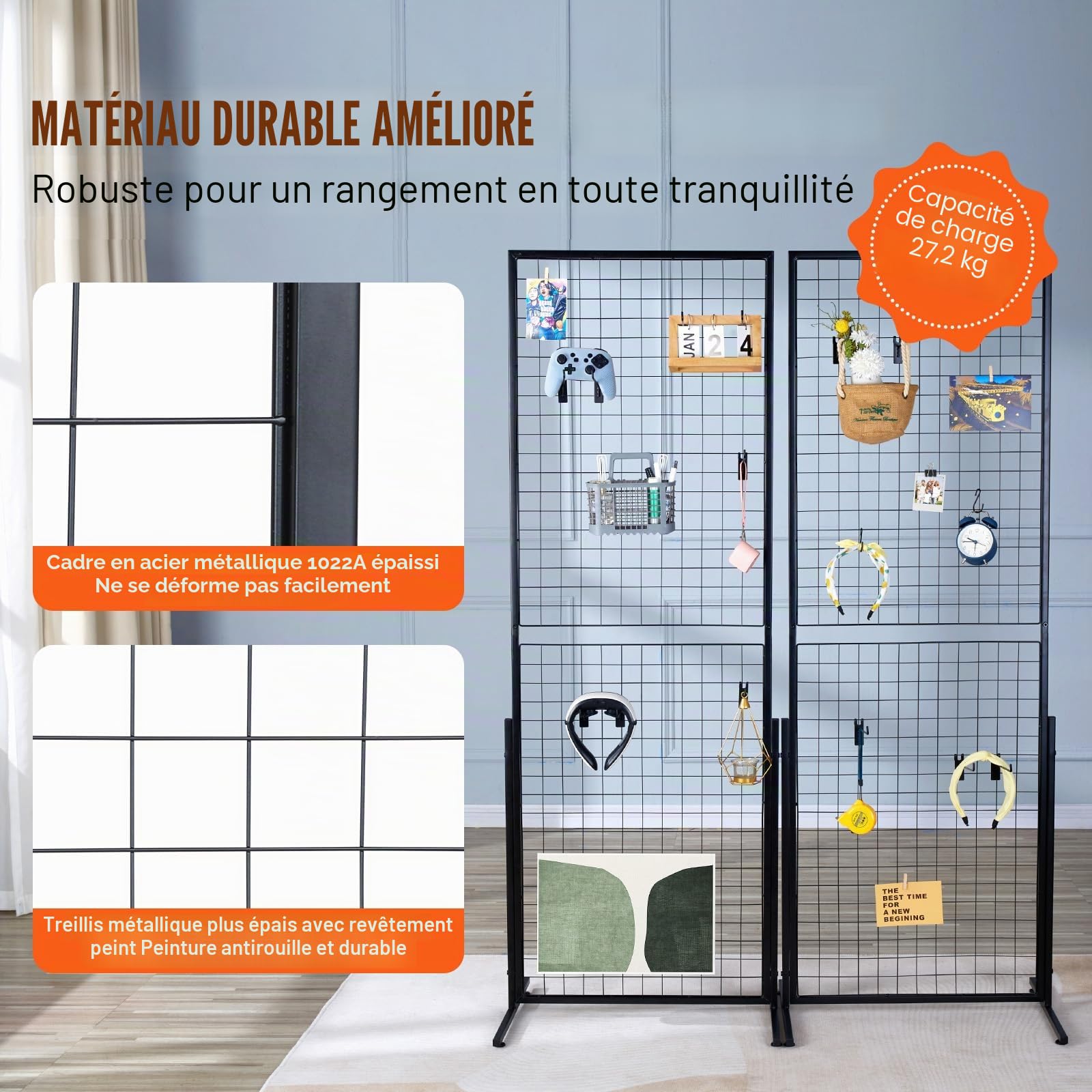 VEVOR Grille d’Exposition sur Pied 2 PCs Panneau Grille en Acier 617x1716 mm Charge 27 kg Présentoir Grillage sur Pied Accessoires Complets Installation Facile pour Affichage Présentation Photo Mémo
