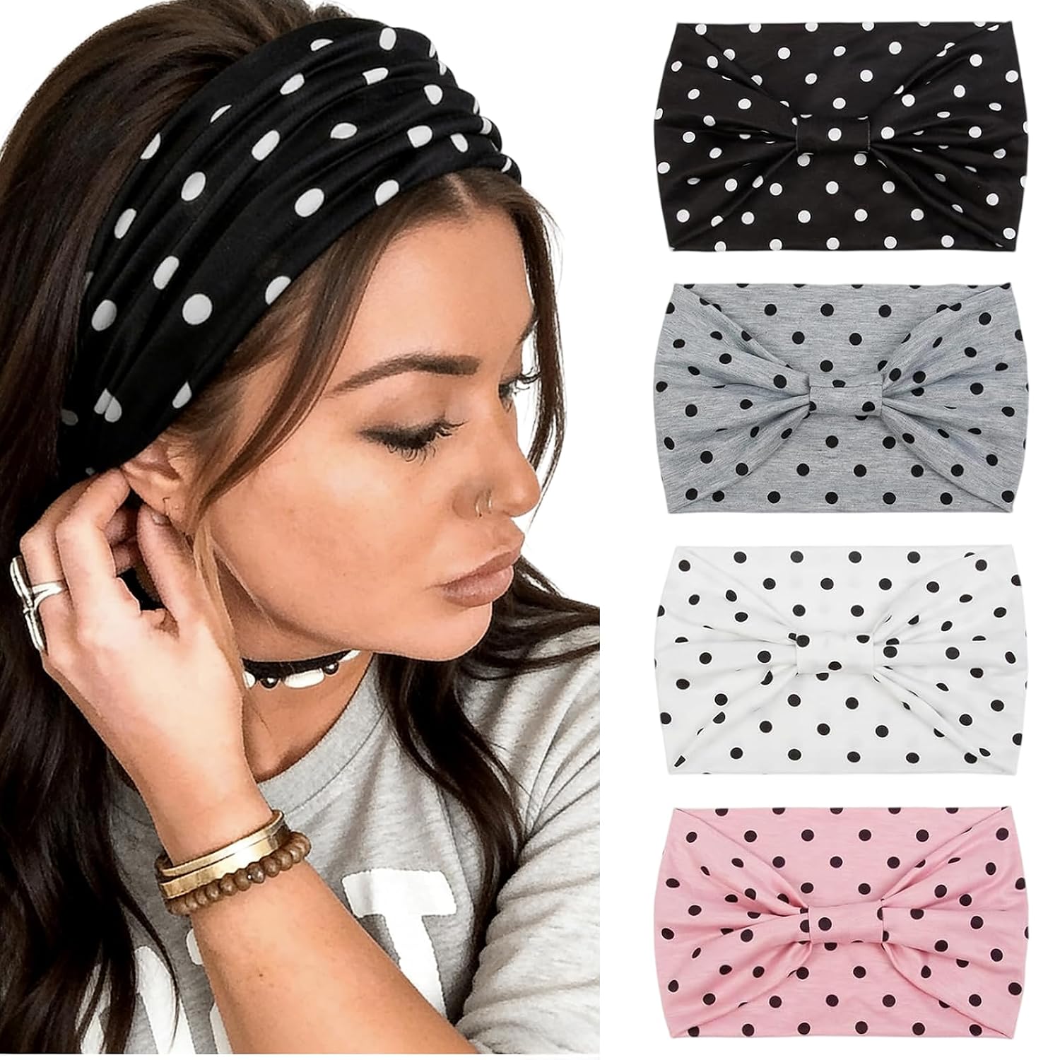 Polka Dot Headband, Set of 4, Hair Bands for Women in 4 Colours (Black, White, Grey, Pink), Wide Knotted Headbands for Sports and Leisure